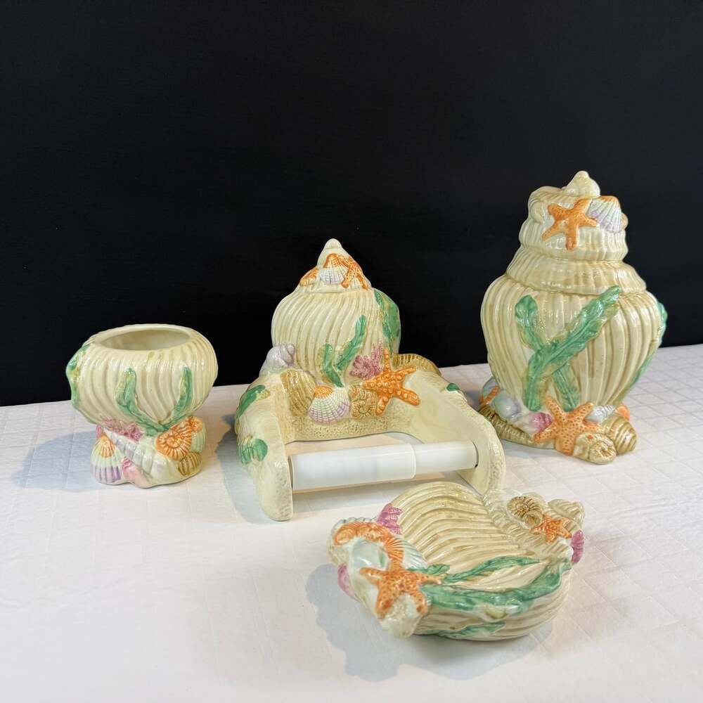 WMG 4 piece ceramic coastal bathroom vanity set seashells coral seaweed accents*